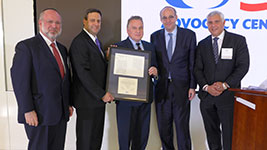 R-L: OU Advocacy Center Chairman Jerry Wolasky, OU Board of Directors Chairman Howard Tzvi Friedman, OU Advocacy Center Executive Director Nathan Diament, OU President Moshe Bane present award to U.S. Rep. Chris Smith (R-N.J.) for his work to pass legislation to make disaster-stricken shuls and other houses of worship eligible for FEMA funding